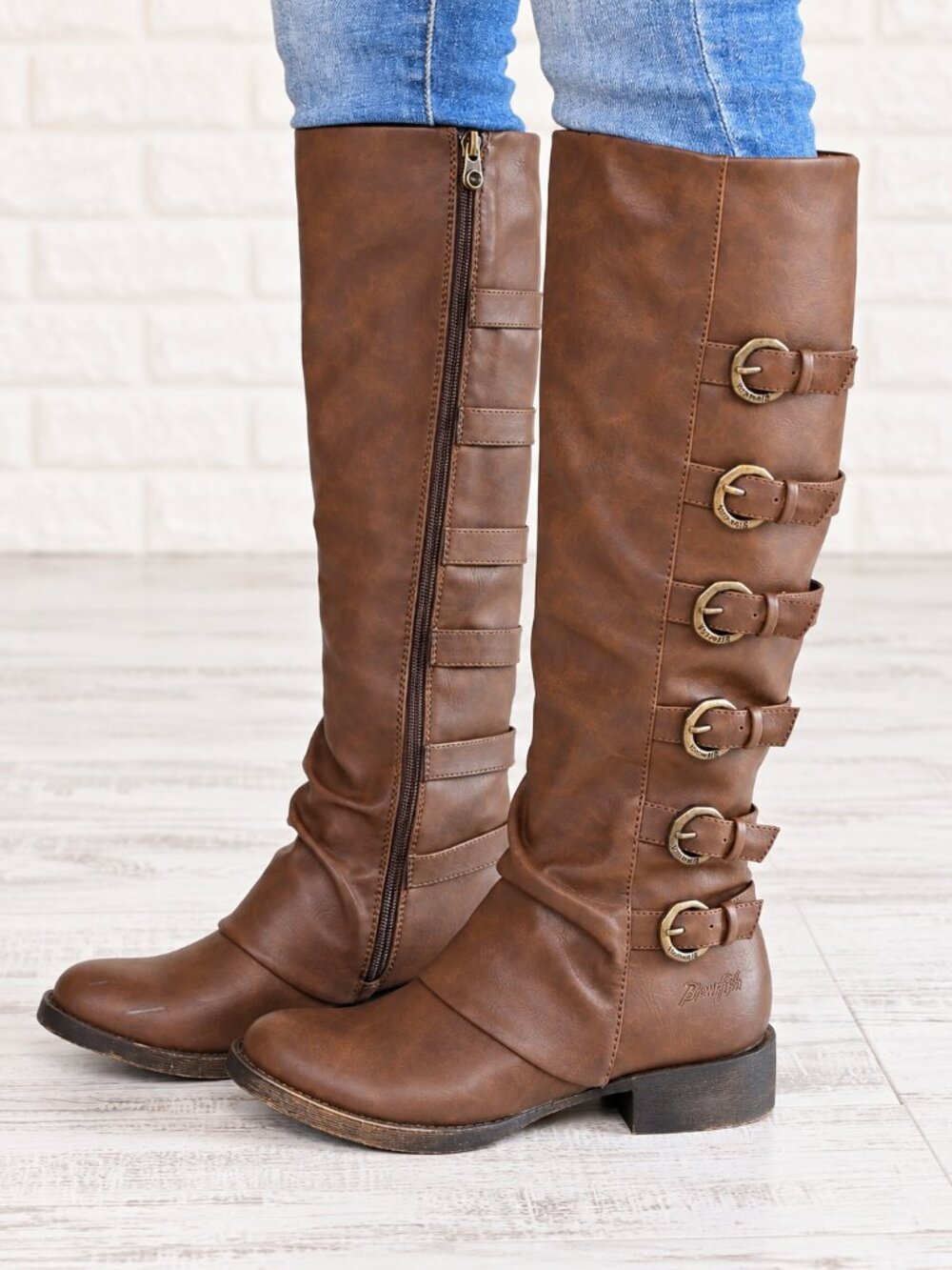 BLOWFISH Malibu Brown Maletta Multi Buckle Knee High Moto Boots Sz 9 Distressed
